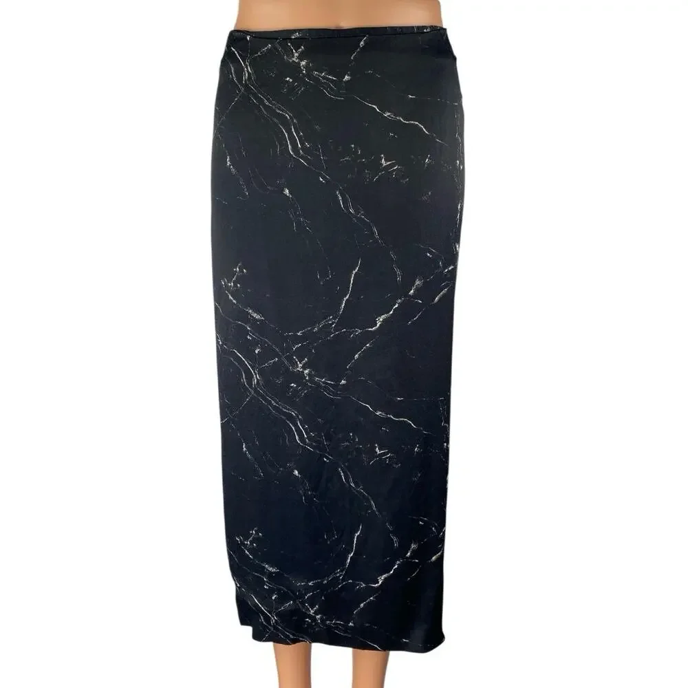 Zara Women's Black White Marble Print High Waisted Straight Midi Skirt Size XS